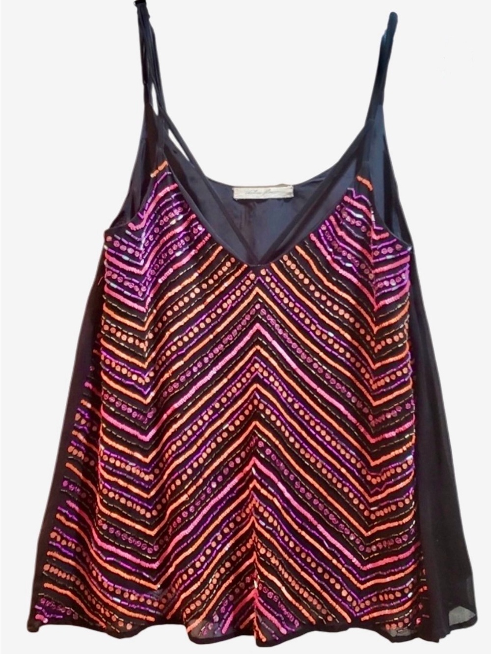 🧡Chelsea Flower Sequin Chevron V-Neck Cami Tank Top - Black with Pink & Orange L